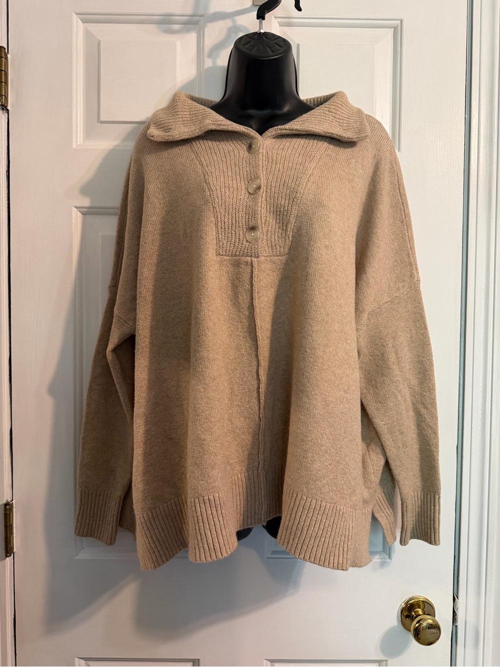 LOFT Beige Cowl-Neck Button Pullover Poncho Sweater